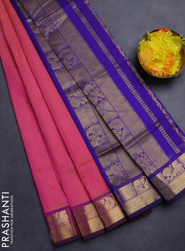 Silk Cotton saree dual shade of pink and blue with plain body and zari woven border