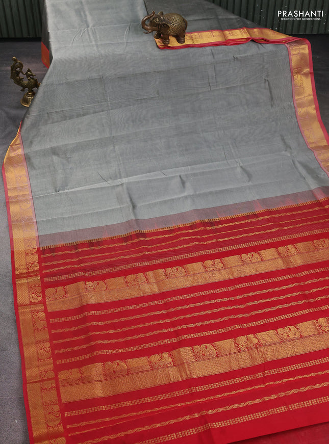 Silk Cotton saree grey and red with plain body and zari woven border