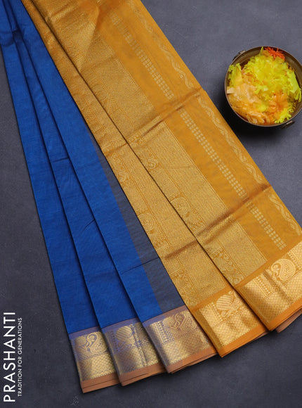 Silk Cotton saree cs ble and mustard yellow with plain body and zari woven border