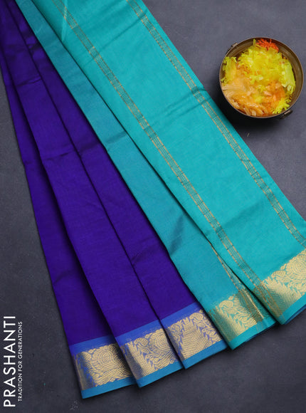 Silk Cotton saree blue and teal blue with plain body and zari woven border
