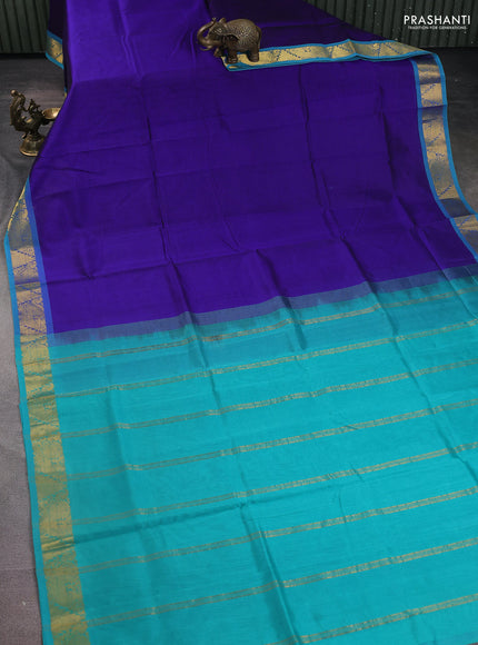 Silk Cotton saree blue and teal blue with plain body and zari woven border