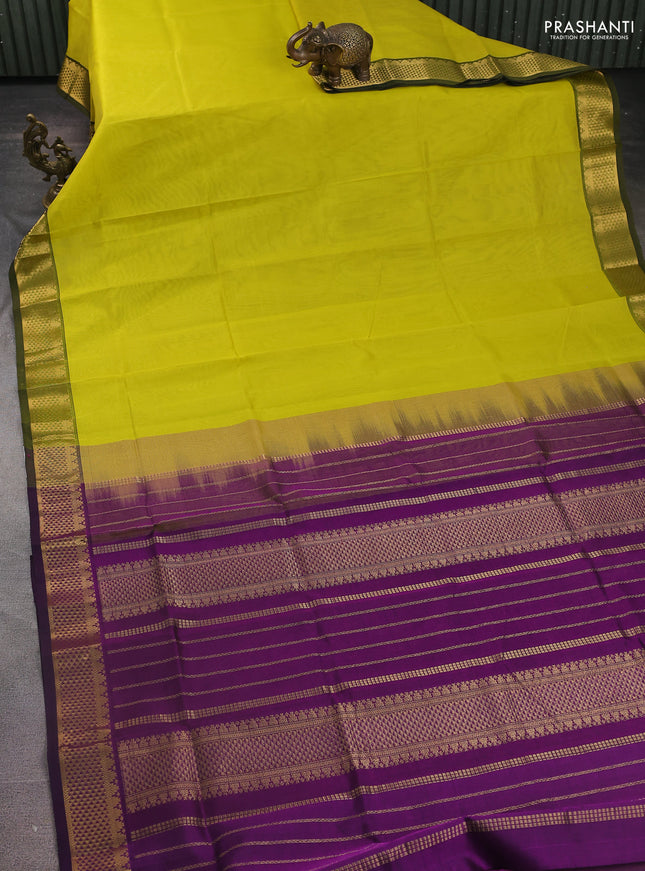 Silk Cotton saree lime yellow and purple with plain body and zari woven border