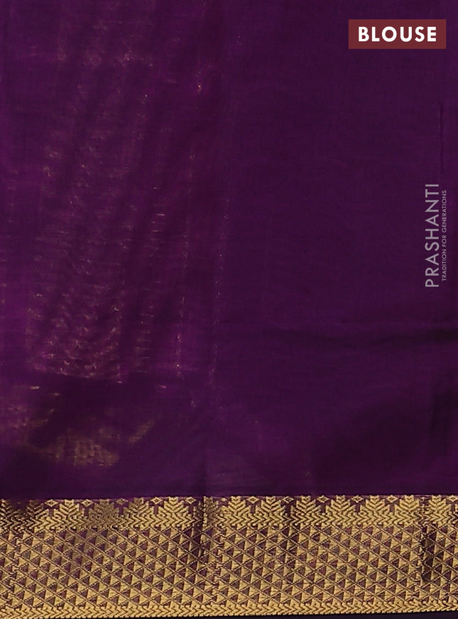 Silk Cotton saree lime yellow and purple with plain body and zari woven border