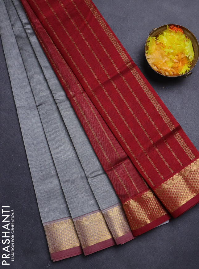 Silk Cotton saree grey and maroon with plain body and zari woven border