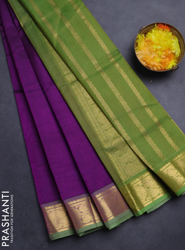 Silk Cotton saree purple and light green with plain body and zari woven border