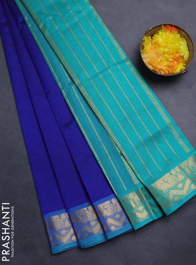 Silk Cotton saree blue and teal blue with plain body and zari woven border
