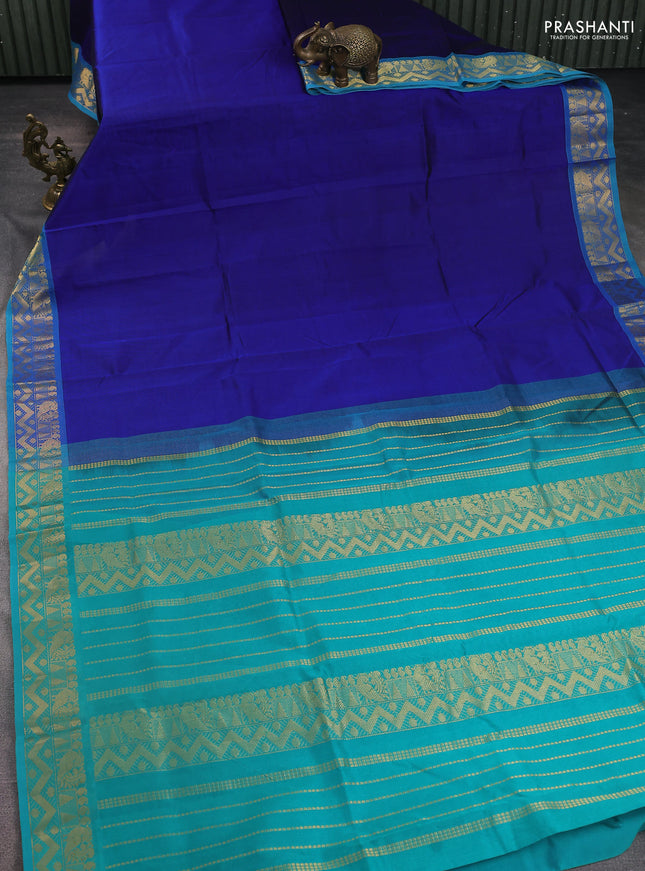 Silk Cotton saree blue and teal blue with plain body and zari woven border