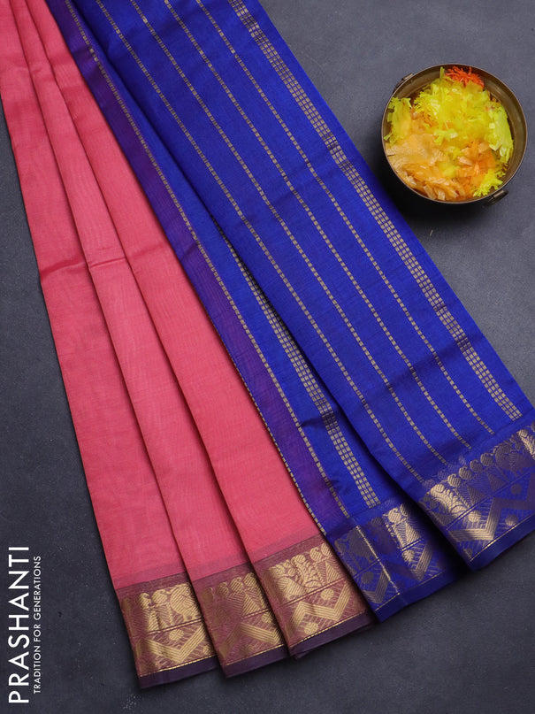 Silk Cotton saree peach pink and blue with plain body and zari woven border