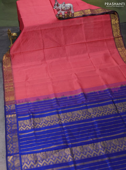 Silk Cotton saree peach pink and blue with plain body and zari woven border