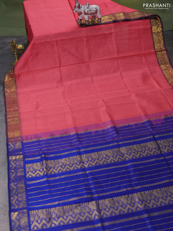Silk Cotton saree peach pink and blue with plain body and zari woven border