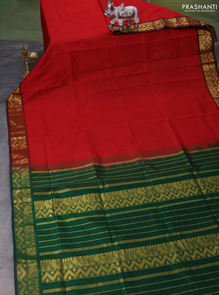 Silk Cotton saree red and green with plain body and zari woven border