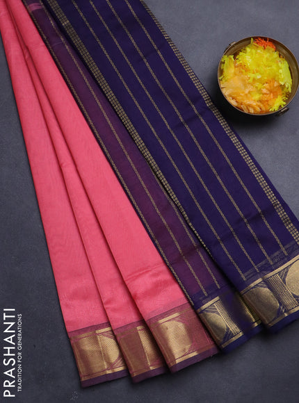Silk Cotton saree pink shade and navy blue with plain body and rudhraksha zari woven border