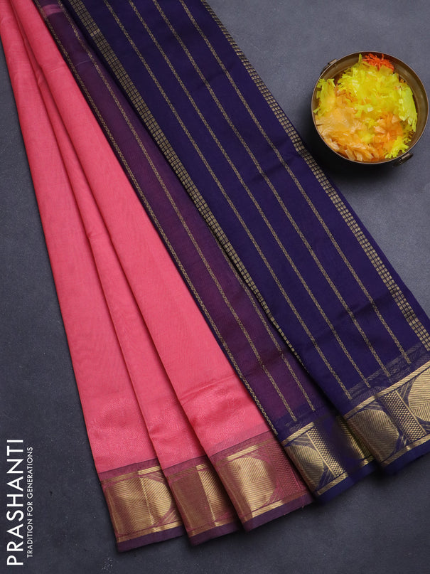 Silk Cotton saree pink shade and navy blue with plain body and rudhraksha zari woven border