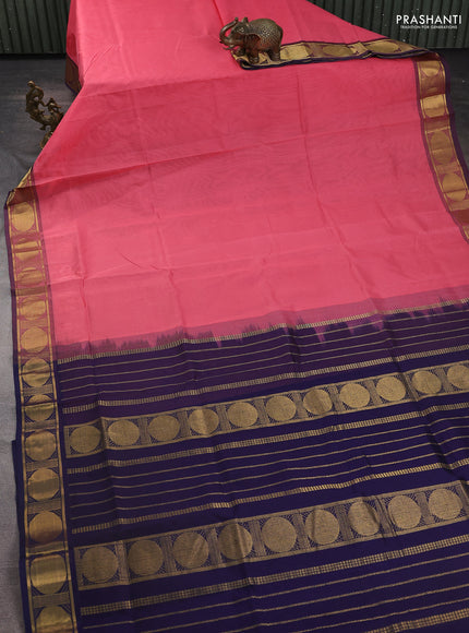Silk Cotton saree pink shade and navy blue with plain body and rudhraksha zari woven border