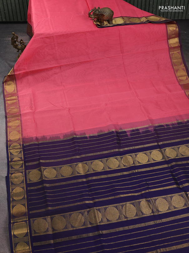 Silk Cotton saree pink shade and navy blue with plain body and rudhraksha zari woven border