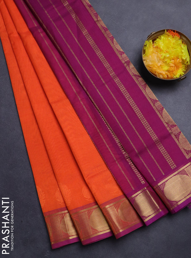 Silk Cotton saree orange and purple with plain body and rudhraksha zari woven border