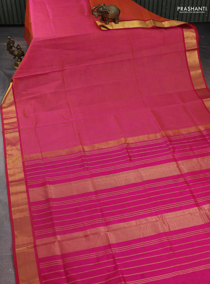 Silk Cotton saree dual shade of pinkish yellow and pink with plain body and zari woven border