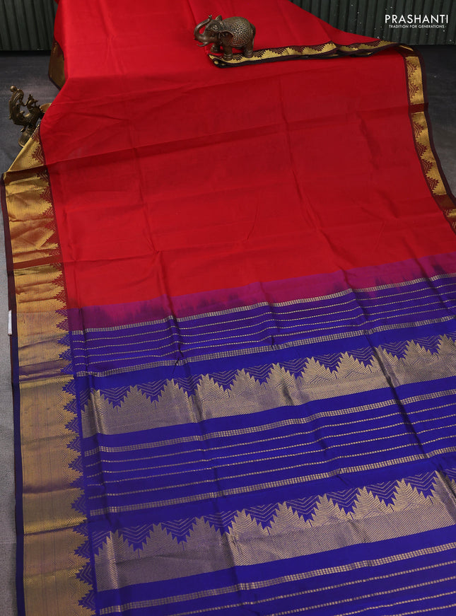 Silk Cotton saree red and blue with plain body and zari woven border