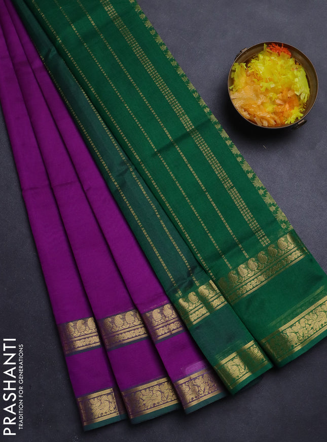 Silk Cotton saree purple and green with plain body and rettapet zari woven border