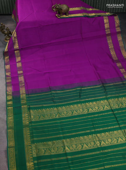Silk Cotton saree purple and green with plain body and rettapet zari woven border