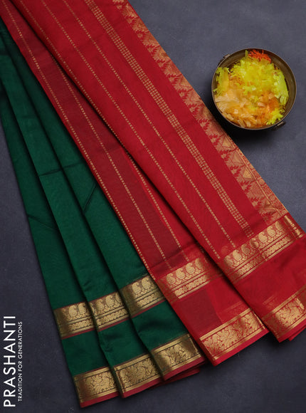 Silk Cotton saree green and red with plain body and rettapet zari woven border