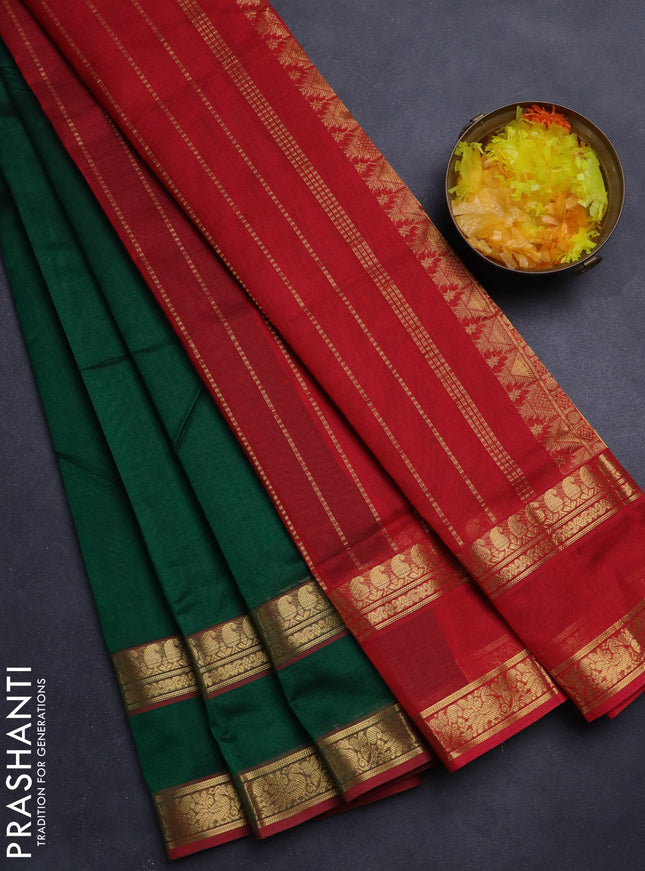 Silk Cotton saree green and red with plain body and rettapet zari woven border