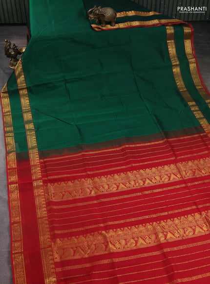 Silk Cotton saree green and red with plain body and rettapet zari woven border