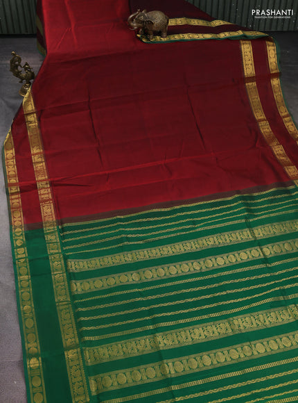 Silk Cotton saree maroon and green with plain body and rettapet zari woven border