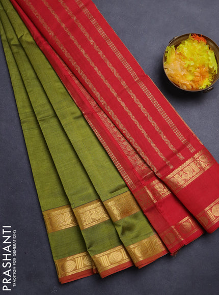 Silk Cotton saree mehendi green and red with plain body and rettapet zari woven border