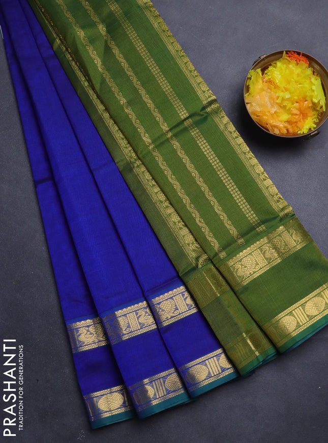 Silk Cotton saree blue and green with plain body and rettapet zari woven border