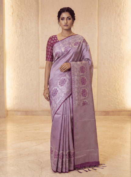 Pure kanchipuram tissue silk saree purple and wine shade with allover silver zari woven brocade weaves and floral design zari woven border