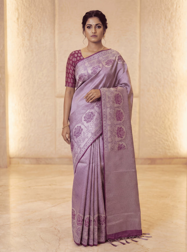 Pure kanchipuram tissue silk saree purple and wine shade with allover silver zari woven brocade weaves and floral design zari woven border
