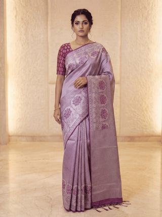 Pure kanchipuram tissue silk saree purple and wine shade with allover silver zari woven brocade weaves and floral design zari woven border