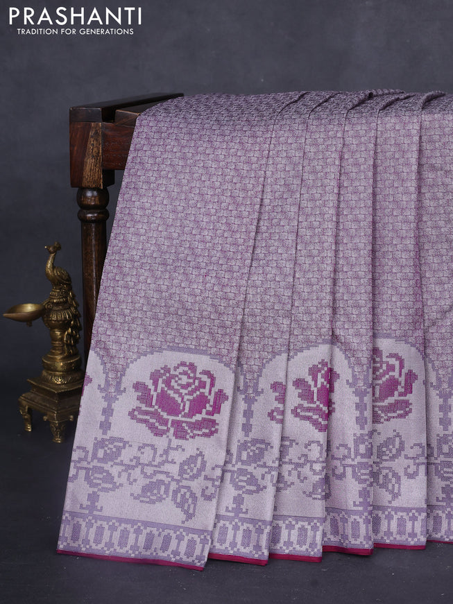 Pure kanchipuram tissue silk saree purple and wine shade with allover silver zari woven brocade weaves and floral design zari woven border