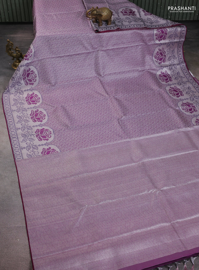 Pure kanchipuram tissue silk saree purple and wine shade with allover silver zari woven brocade weaves and floral design zari woven border