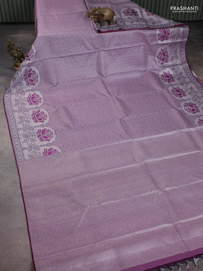 Pure kanchipuram tissue silk saree purple and wine shade with allover silver zari woven brocade weaves and floral design zari woven border