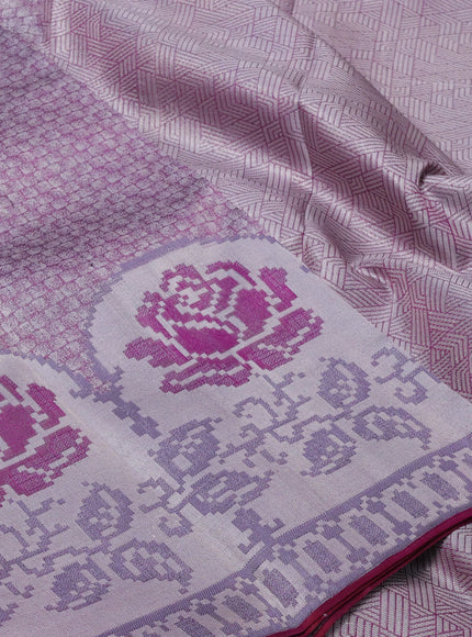 Pure kanchipuram tissue silk saree purple and wine shade with allover silver zari woven brocade weaves and floral design zari woven border
