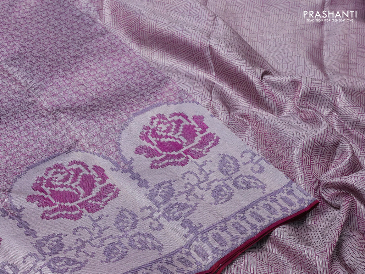 Pure kanchipuram tissue silk saree purple and wine shade with allover silver zari woven brocade weaves and floral design zari woven border