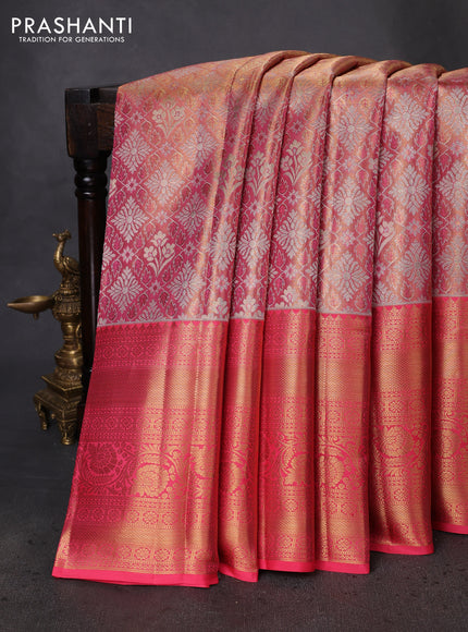 Pure kanchipuram tissue silk saree peach pink with allover zari woven brocade weaves and zari woven border