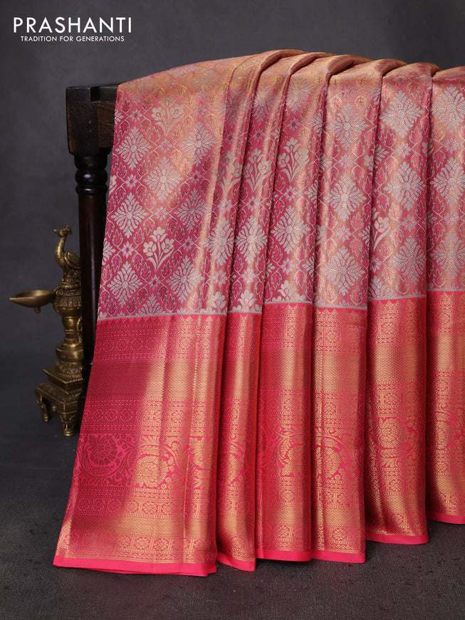 Pure kanchipuram tissue silk saree peach pink with allover zari woven brocade weaves and zari woven border