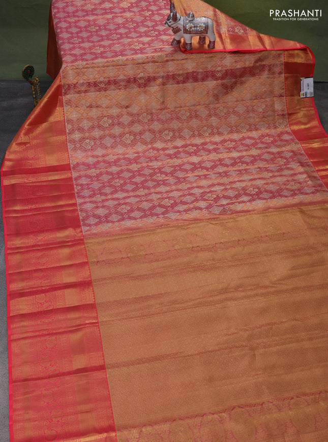Pure kanchipuram tissue silk saree peach pink with allover zari woven brocade weaves and zari woven border