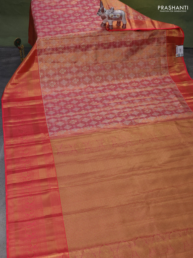 Pure kanchipuram tissue silk saree peach pink with allover zari woven brocade weaves and zari woven border