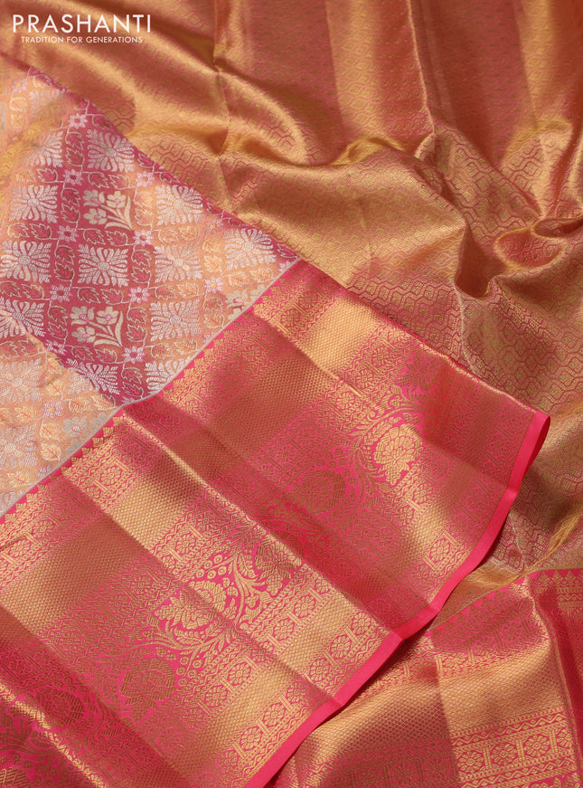 Pure kanchipuram tissue silk saree peach pink with allover zari woven brocade weaves and zari woven border