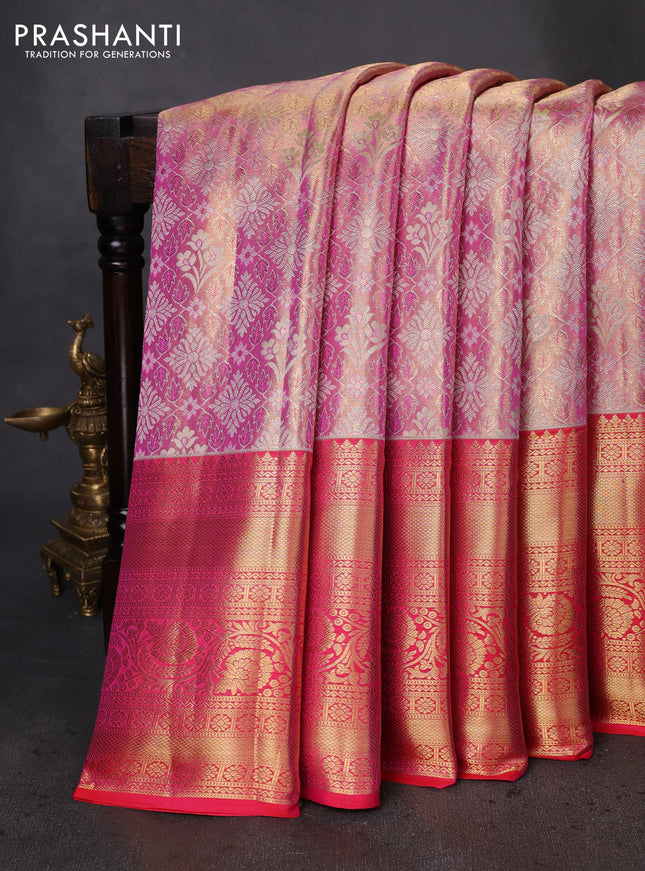 Pure kanchipuram tissue silk saree light pink and peach pink with allover zari woven brocade weaves and zari woven border