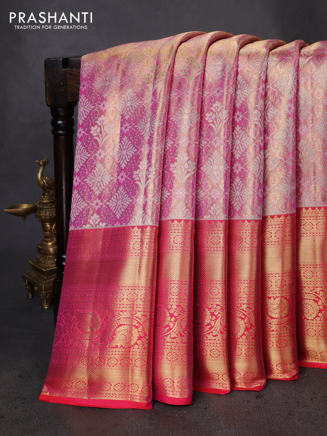 Pure kanchipuram tissue silk saree light pink and peach pink with allover zari woven brocade weaves and zari woven border