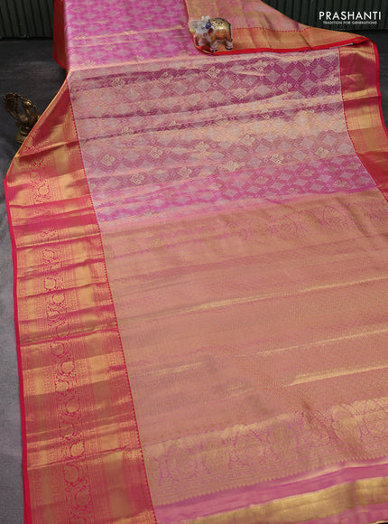 Pure kanchipuram tissue silk saree light pink and peach pink with allover zari woven brocade weaves and zari woven border