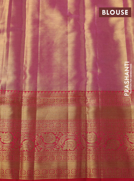 Pure kanchipuram tissue silk saree light pink and peach pink with allover zari woven brocade weaves and zari woven border