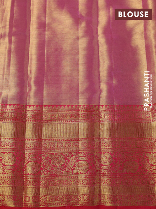 Pure kanchipuram tissue silk saree light pink and peach pink with allover zari woven brocade weaves and zari woven border