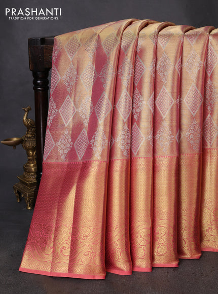 Pure kanchipuram tissue silk saree dual shade of gold and peach pink with allover zari woven brocade weaves and zari woven border
