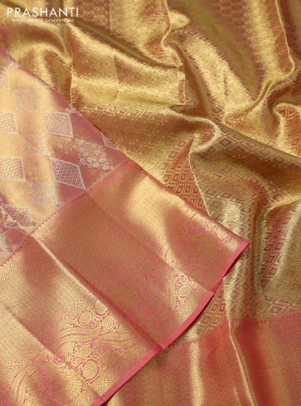 Pure kanchipuram tissue silk saree dual shade of gold and peach pink with allover zari woven brocade weaves and zari woven border